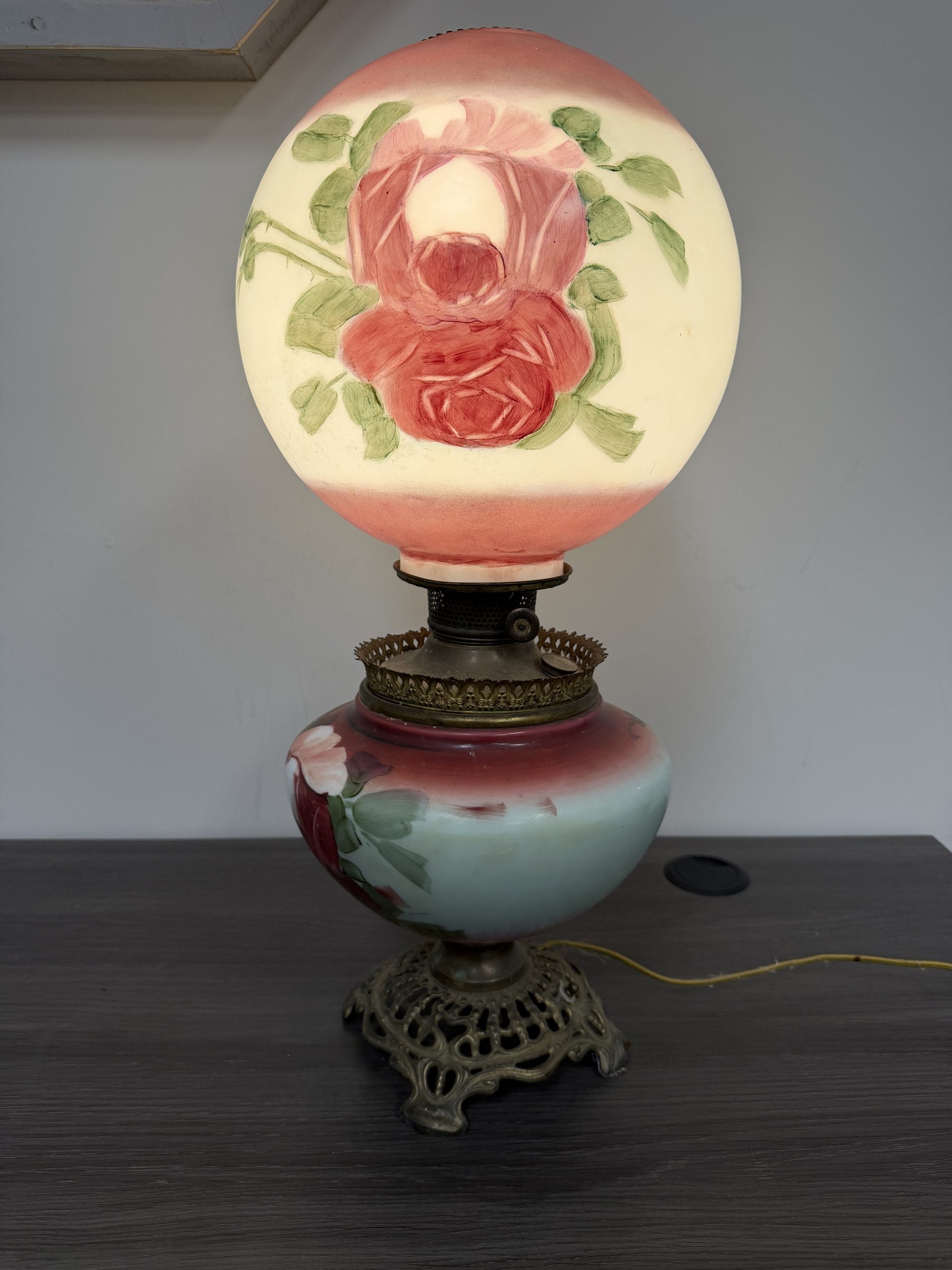 Vintage Gone With The Wind Style Double Globe Parlor Lamp Painted Flowers - Image 8