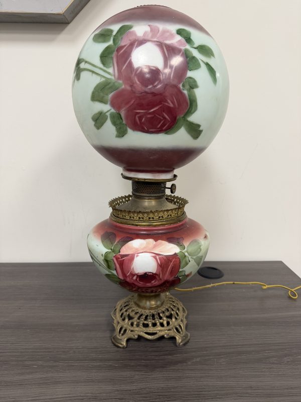 Vintage Gone With The Wind Style Double Globe Parlor Lamp Painted Flowers