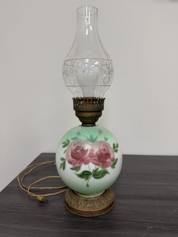 Vintage Electric GWTW Style Hurricane Lamp Hand‑Painted Rose Globe & Etched Chimney