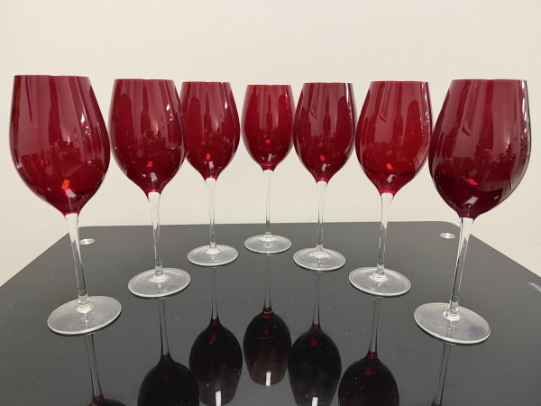 Set of 7 Vintage Ruby Red Wine Glasses – 10" Tall – Clear Stem & Base Barware