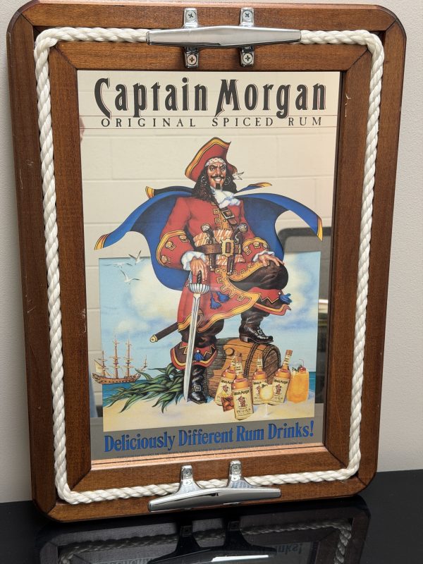 Vintage Captain Morgan Spiced Rum Mirror Bar Sign Wood Frame Nautical Rope Cleats