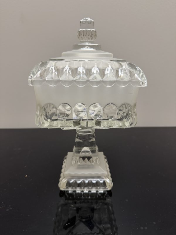 Vintage Frosted & Clear Cut Glass Square Pedestal Covered Candy Dish with Lid