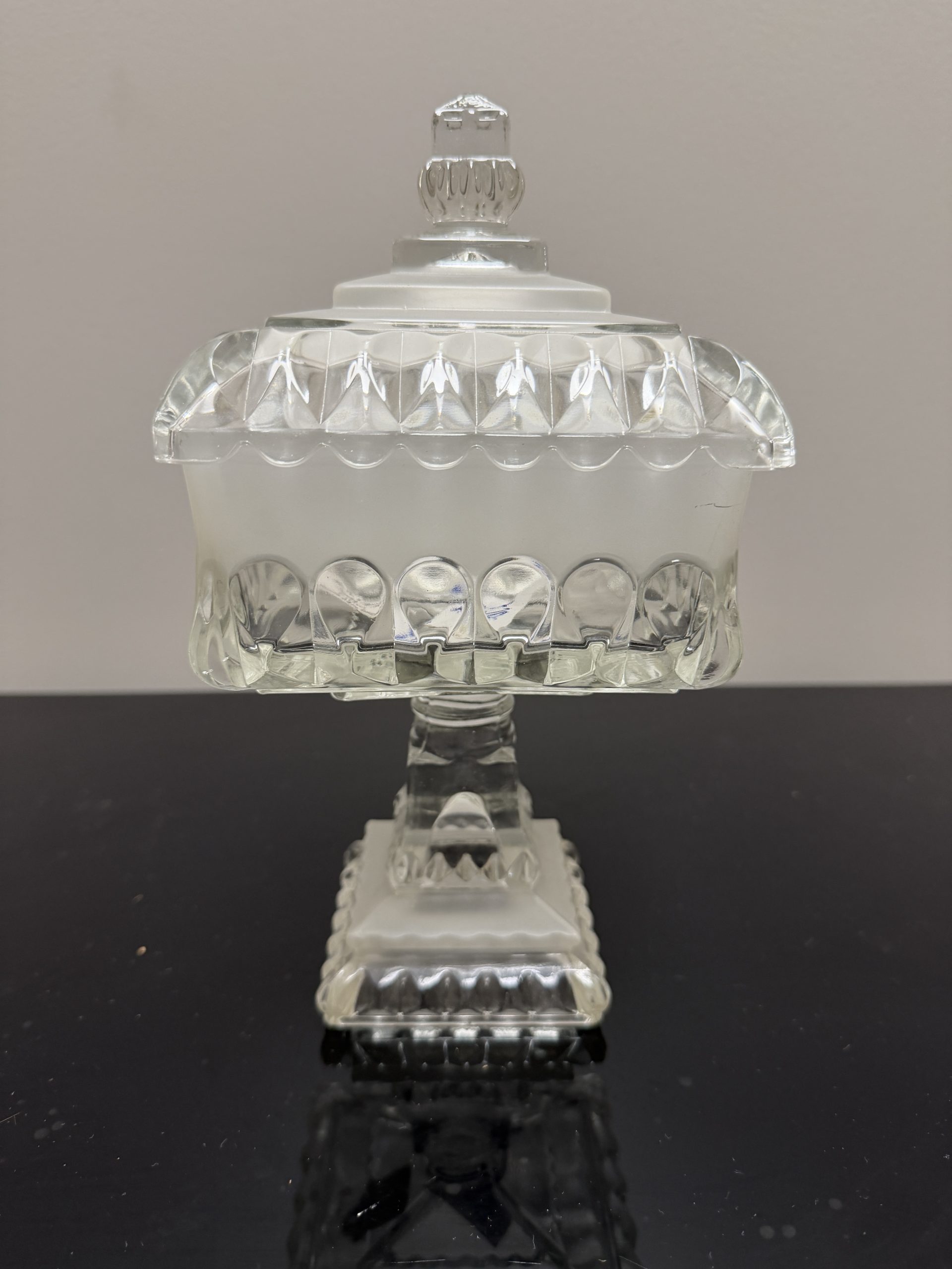 Vintage Frosted & Clear Cut Glass Square Pedestal Covered Candy Dish with Lid