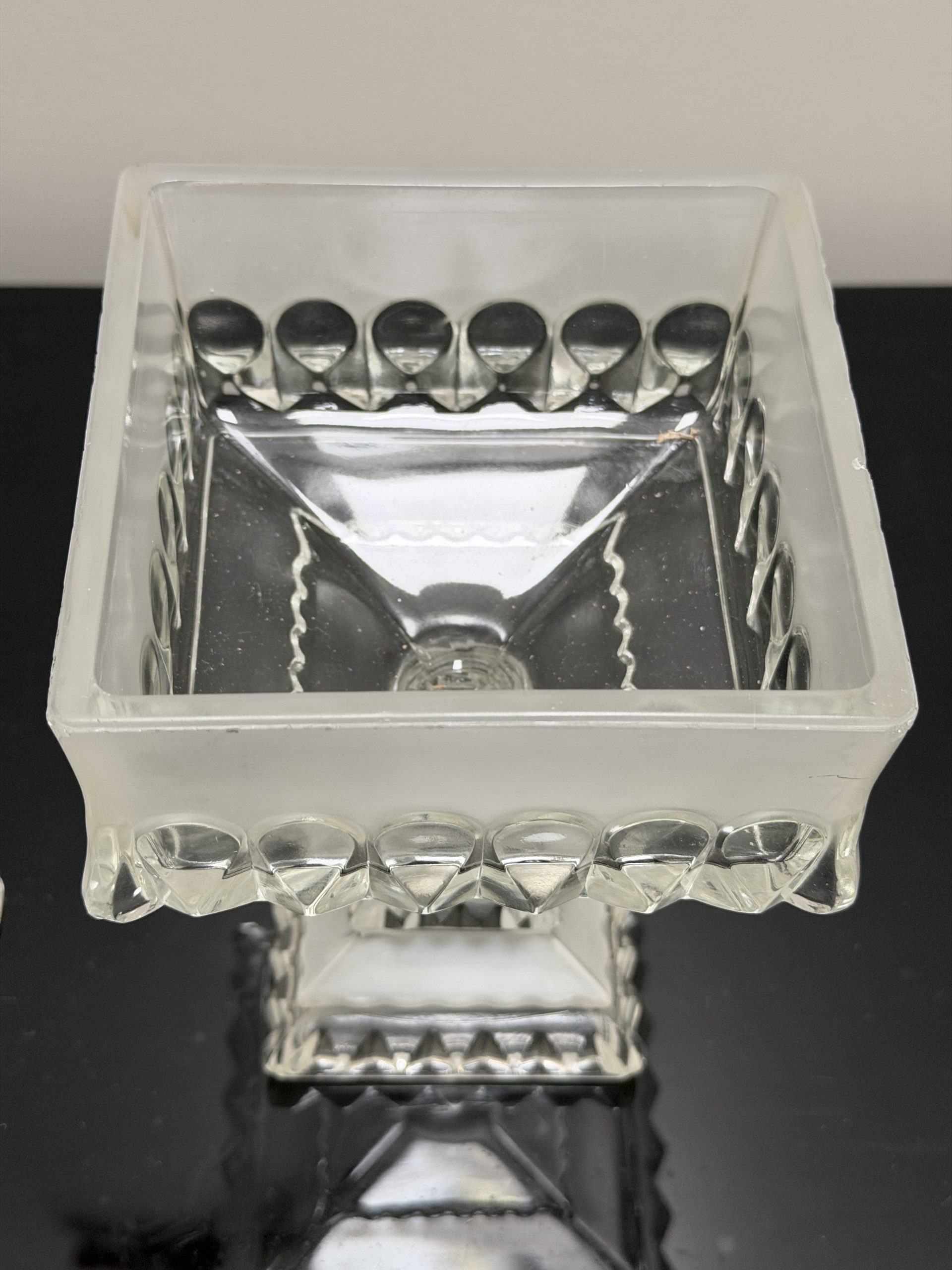 Vintage Frosted & Clear Cut Glass Square Pedestal Covered Candy Dish with Lid - Image 2