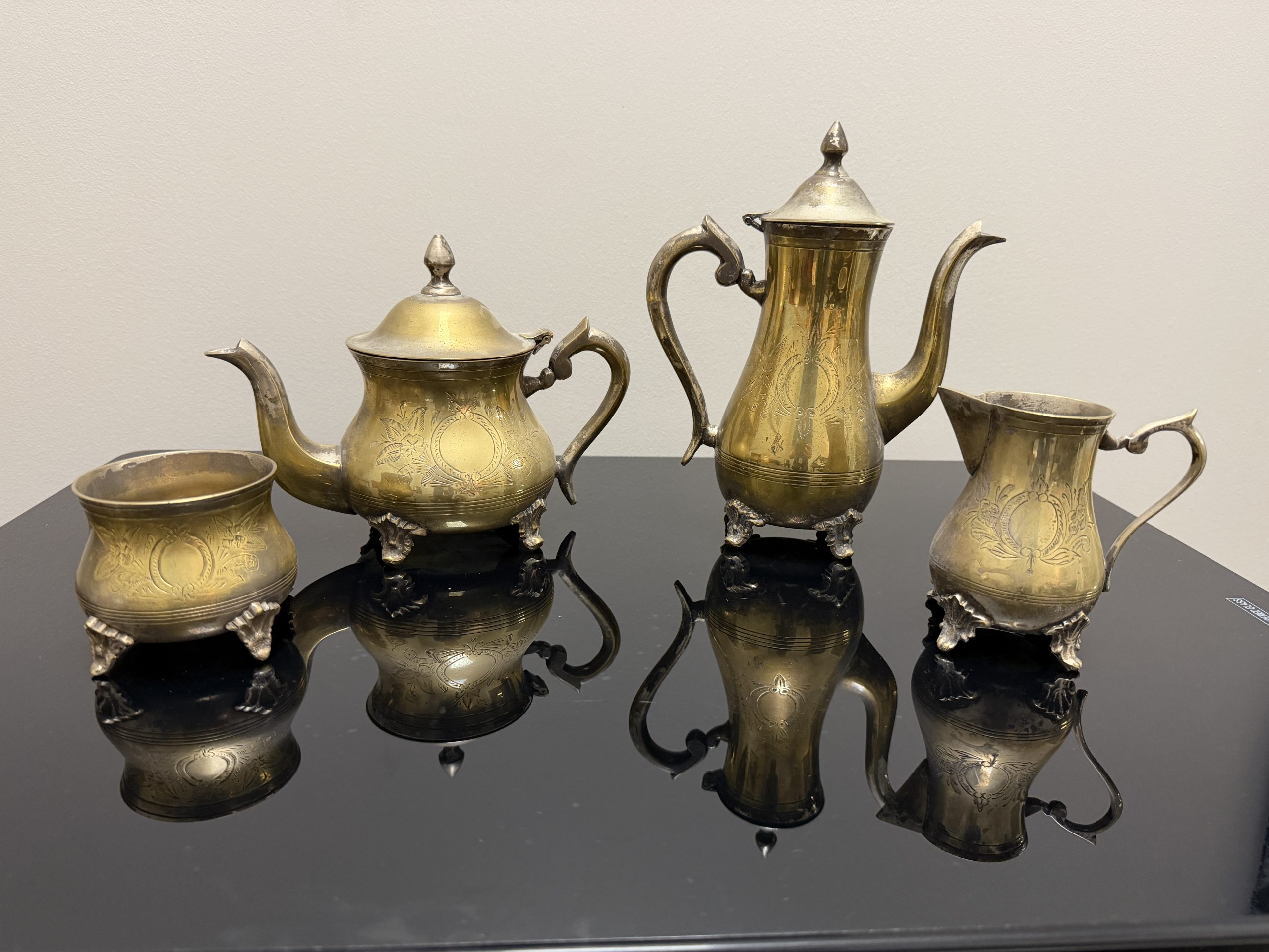 Vintage 4-Piece Engraved Solid Brass Tea & Coffee Service Set – Etched Footed Decor - Image 2