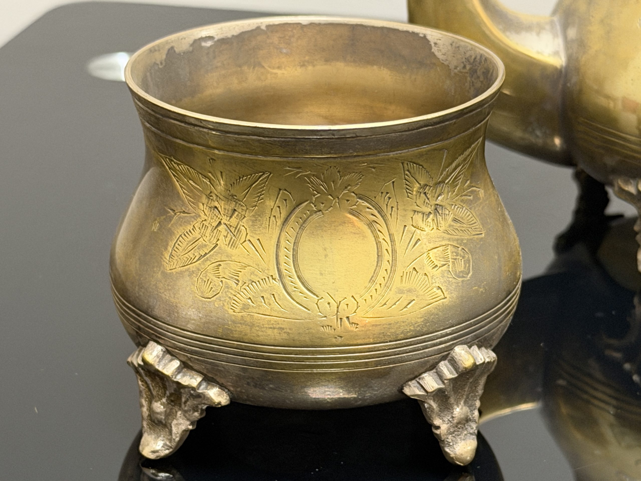 Vintage 4-Piece Engraved Solid Brass Tea & Coffee Service Set – Etched Footed Decor - Image 3