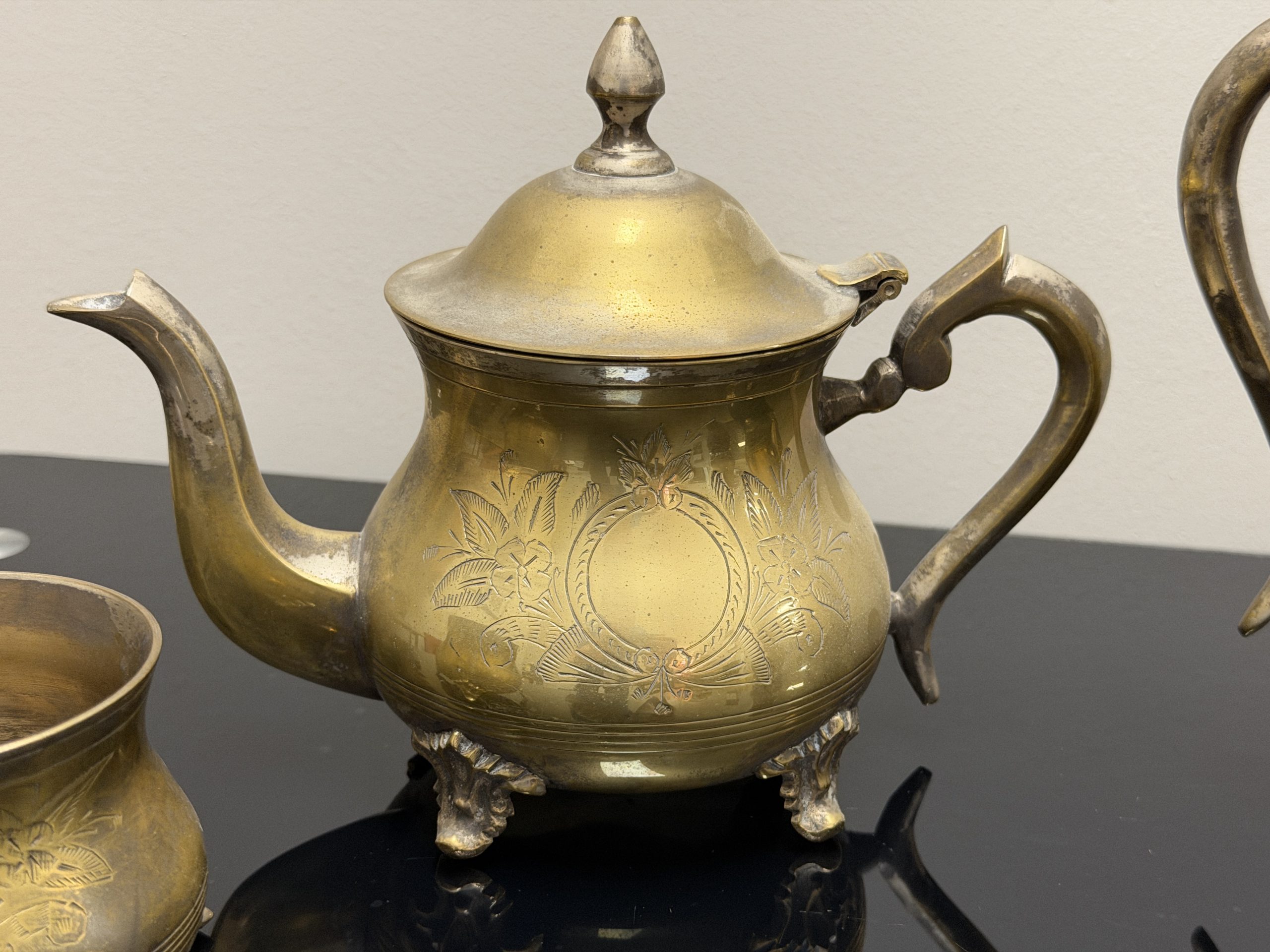 Vintage 4-Piece Engraved Solid Brass Tea & Coffee Service Set – Etched Footed Decor - Image 4