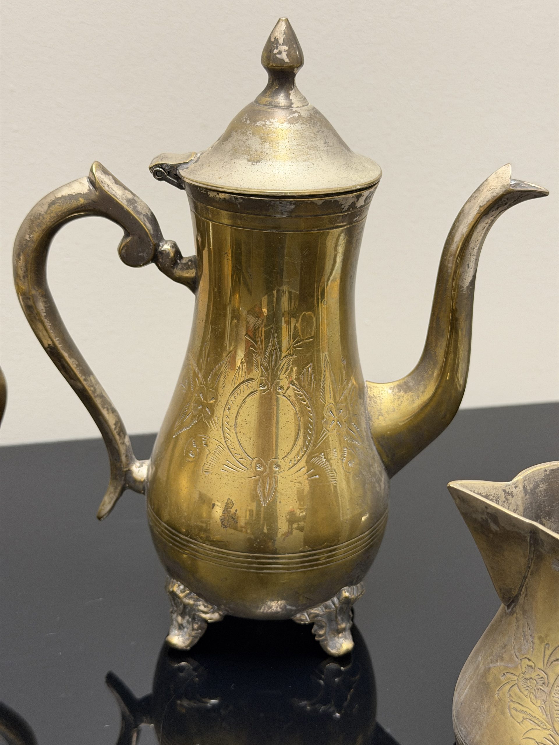 Vintage 4-Piece Engraved Solid Brass Tea & Coffee Service Set – Etched Footed Decor - Image 5