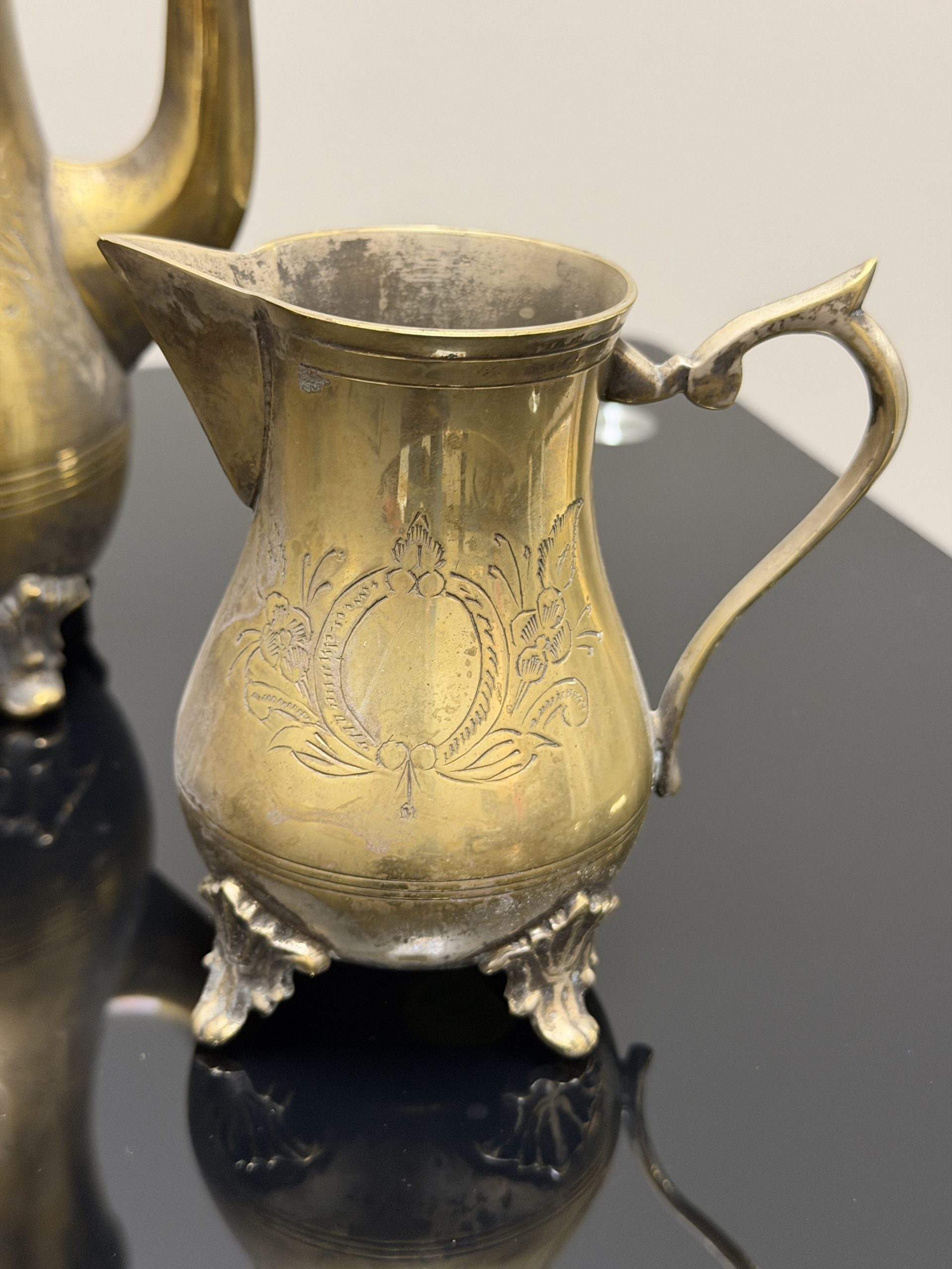 Vintage 4-Piece Engraved Solid Brass Tea & Coffee Service Set – Etched Footed Decor - Image 6