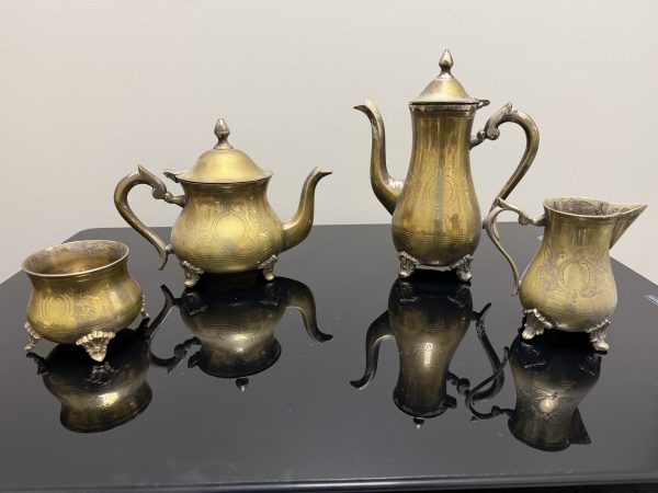 Vintage 4-Piece Engraved Solid Brass Tea & Coffee Service Set - Etched Footed Decor