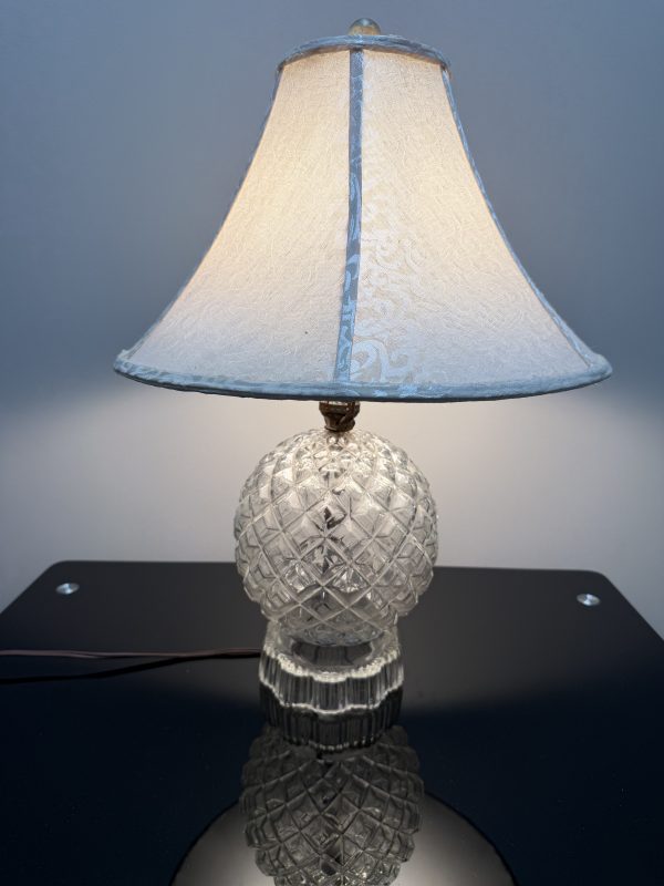 Vintage Cut/Pressed Crystal Glass Table Lamp - Diamond Quilted Orb Base with Jacquard Shade