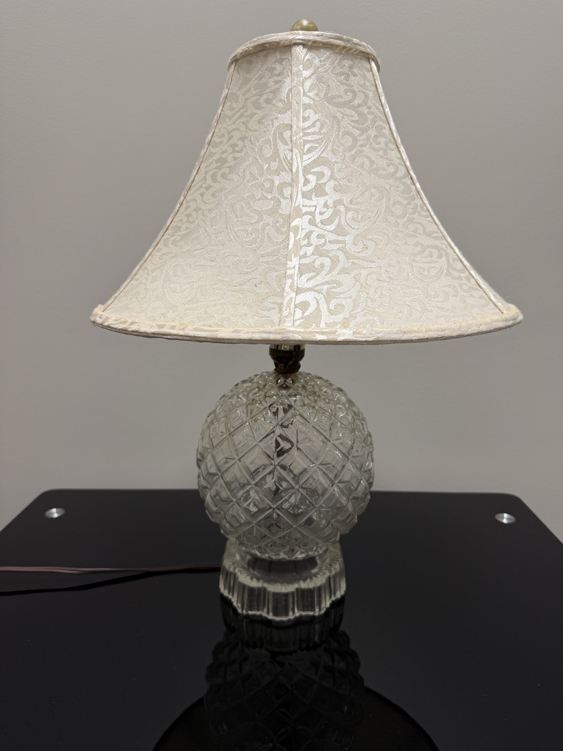 Vintage Cut/Pressed Crystal Glass Table Lamp – Diamond Quilted Orb Base with Jacquard Shade - Image 2