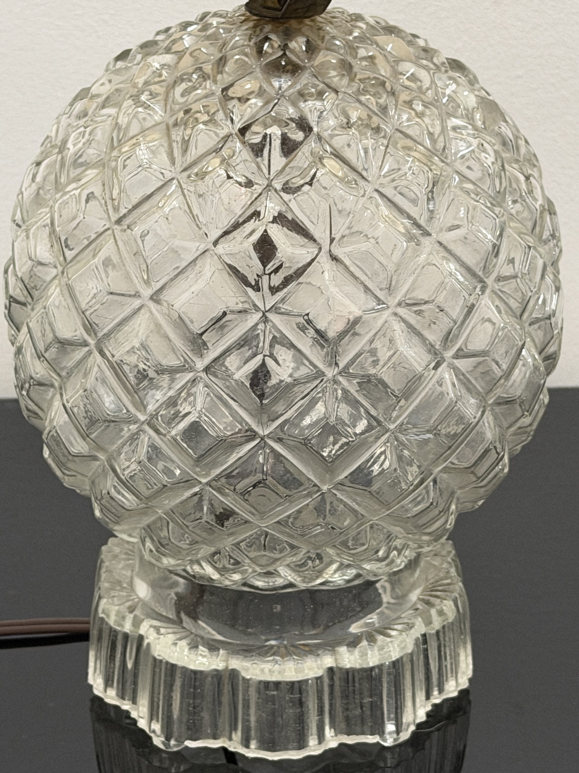 Vintage Cut/Pressed Crystal Glass Table Lamp – Diamond Quilted Orb Base with Jacquard Shade - Image 3