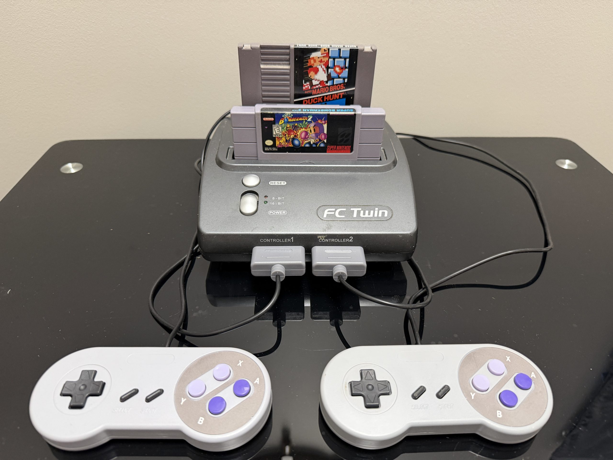 FC Twin 8-Bit / 16-Bit Dual Video Game Console Bundle w/ 2 Controllers + Super Bomberman 2 & Super Mario Bros / Duck Hunt