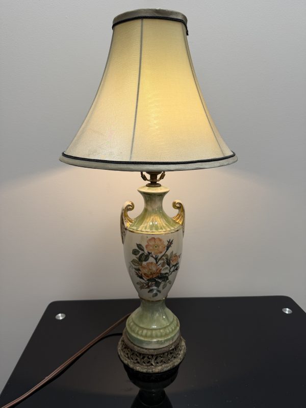 Vintage Floral Urn Table Lamp with Gold Handles & Pleated Shade – Soft Sage Green