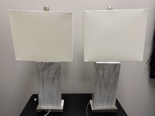 Pair of Modern Faux Marble Rectangular Table Lamps with Built-In USB Ports