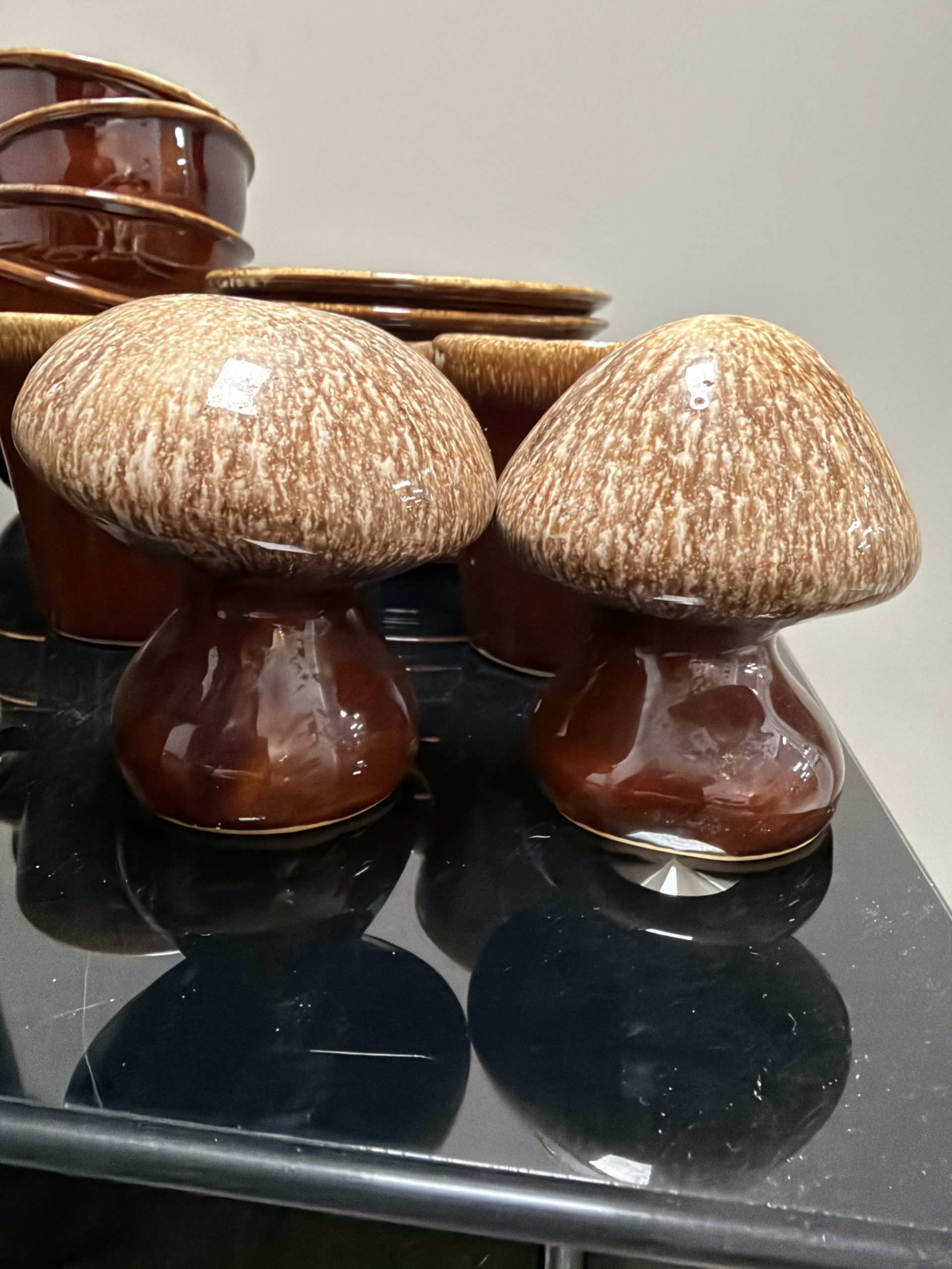 Vintage Hull Pottery “Mirror Brown” Drip Glaze Stoneware Dinnerware Set – 32 Pcs with Mushroom Salt & Pepper Shakers - Image 2