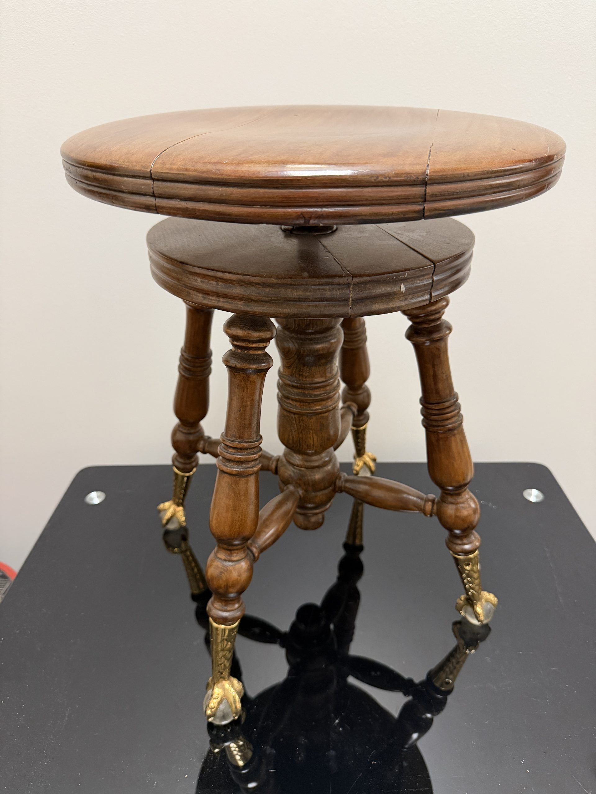 Antique Victorian Swivel Piano Stool – Glass Ball & Cast Brass Claw Feet – Turned Wood