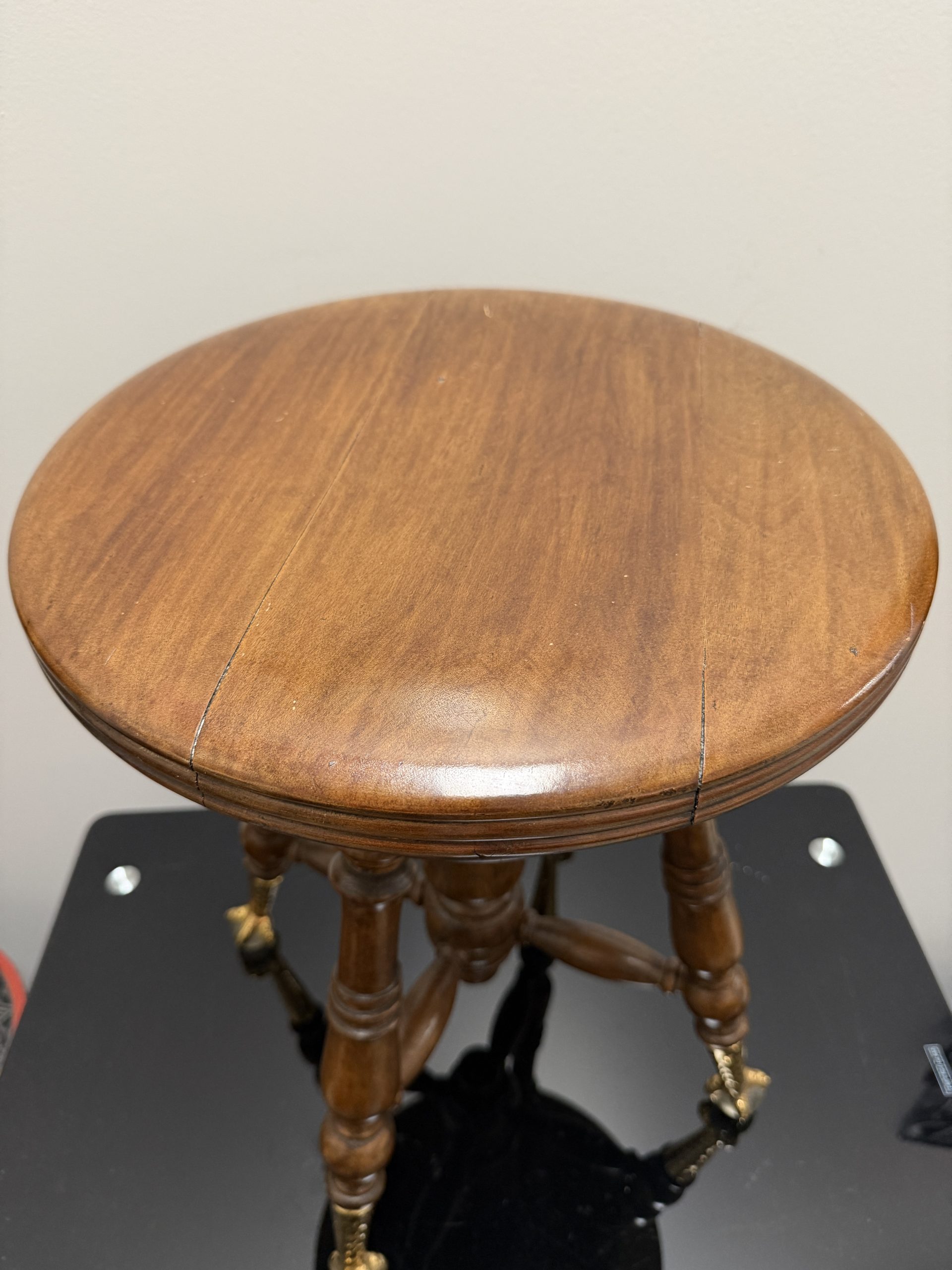 Antique Victorian Swivel Piano Stool – Glass Ball & Cast Brass Claw Feet – Turned Wood - Image 2