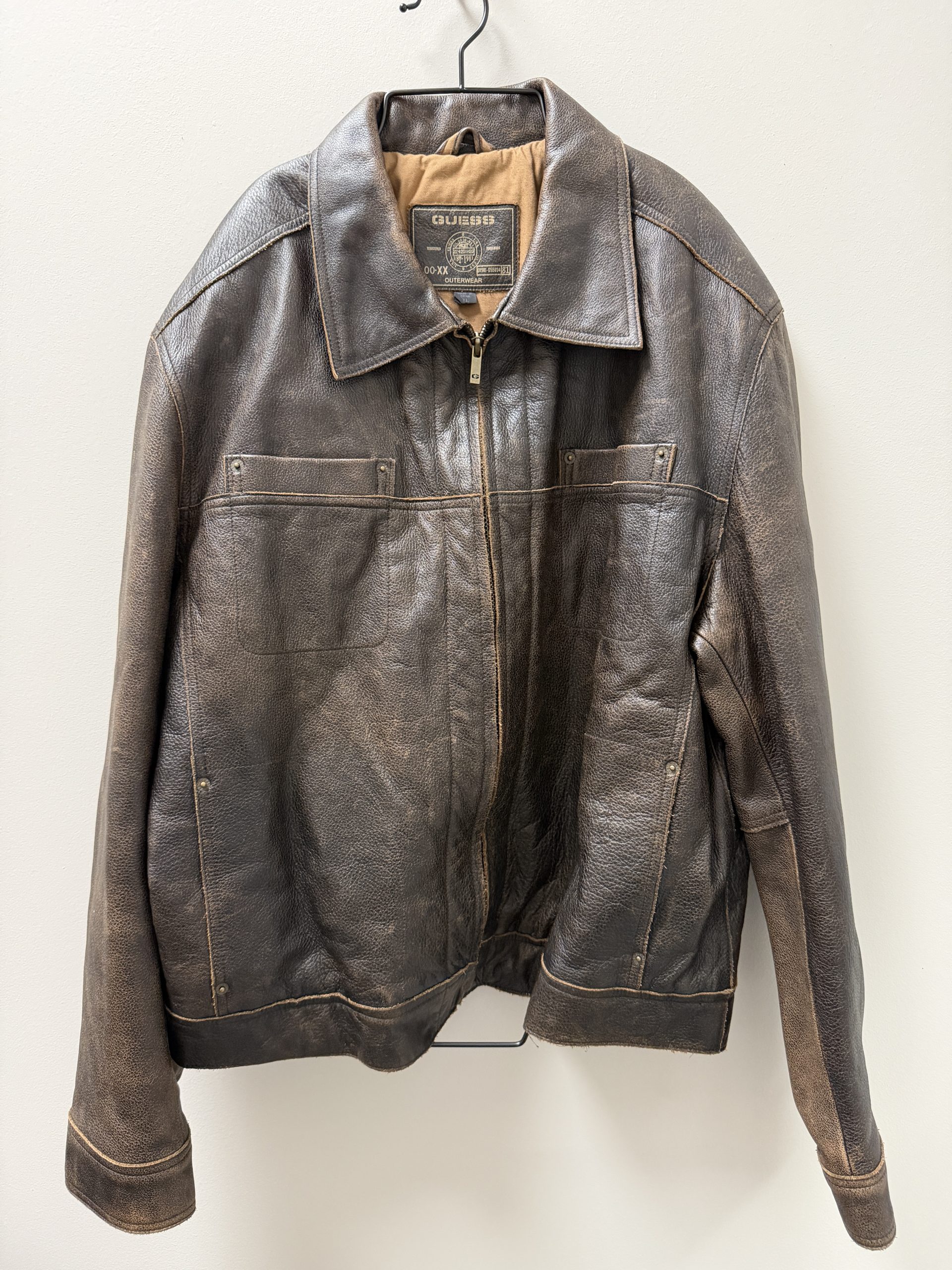 Vintage GUESS Distressed Brown Genuine Leather Jacket – Men’s XL
